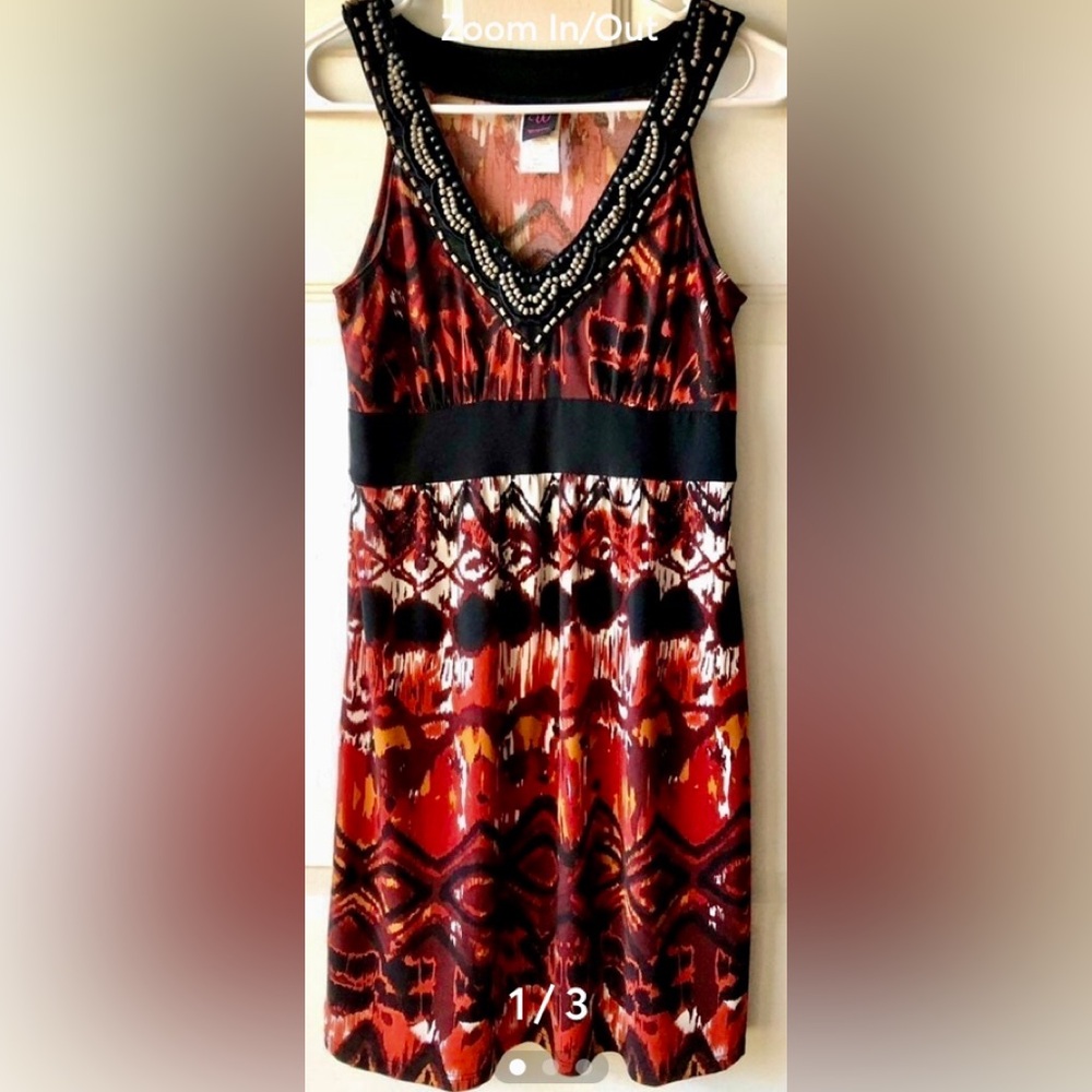 Wrapper Black Red Maroon Orange Bold Tribal Print Beaded Sleeveless Dress Small